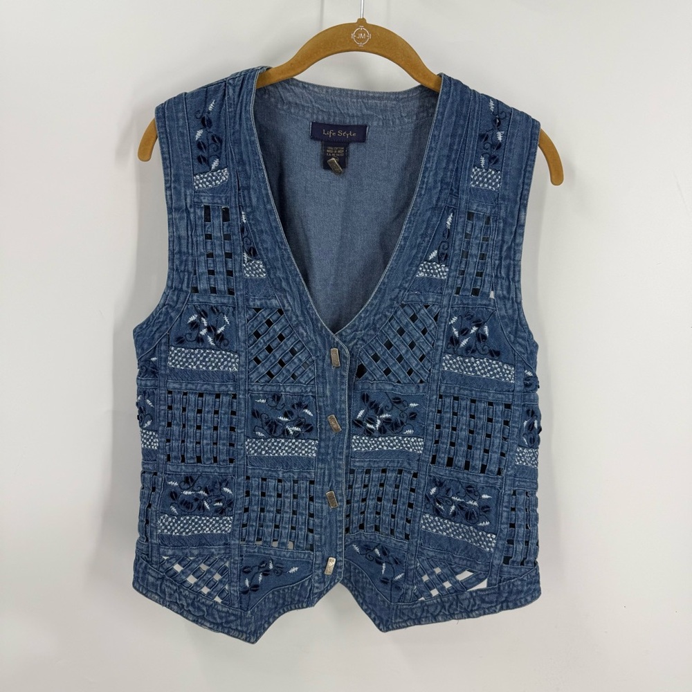 Lifestyle, vintage woven embroidered floral patchwork 100% cotton Denim Vest P/M